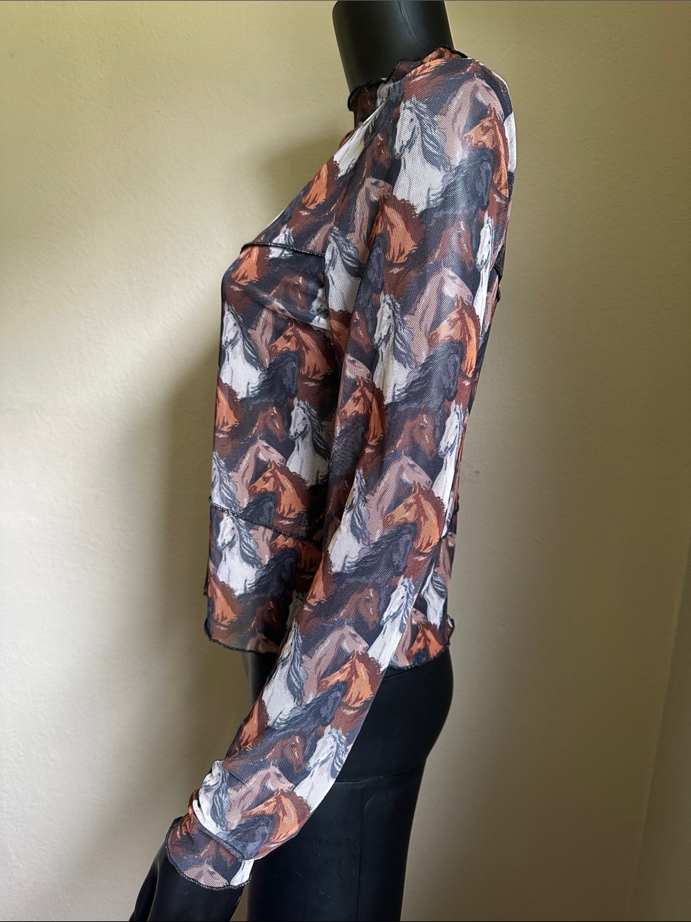 Sheer Horse-Print Long Sleeve Top - Brown/Black/White - Picture 6 of 11